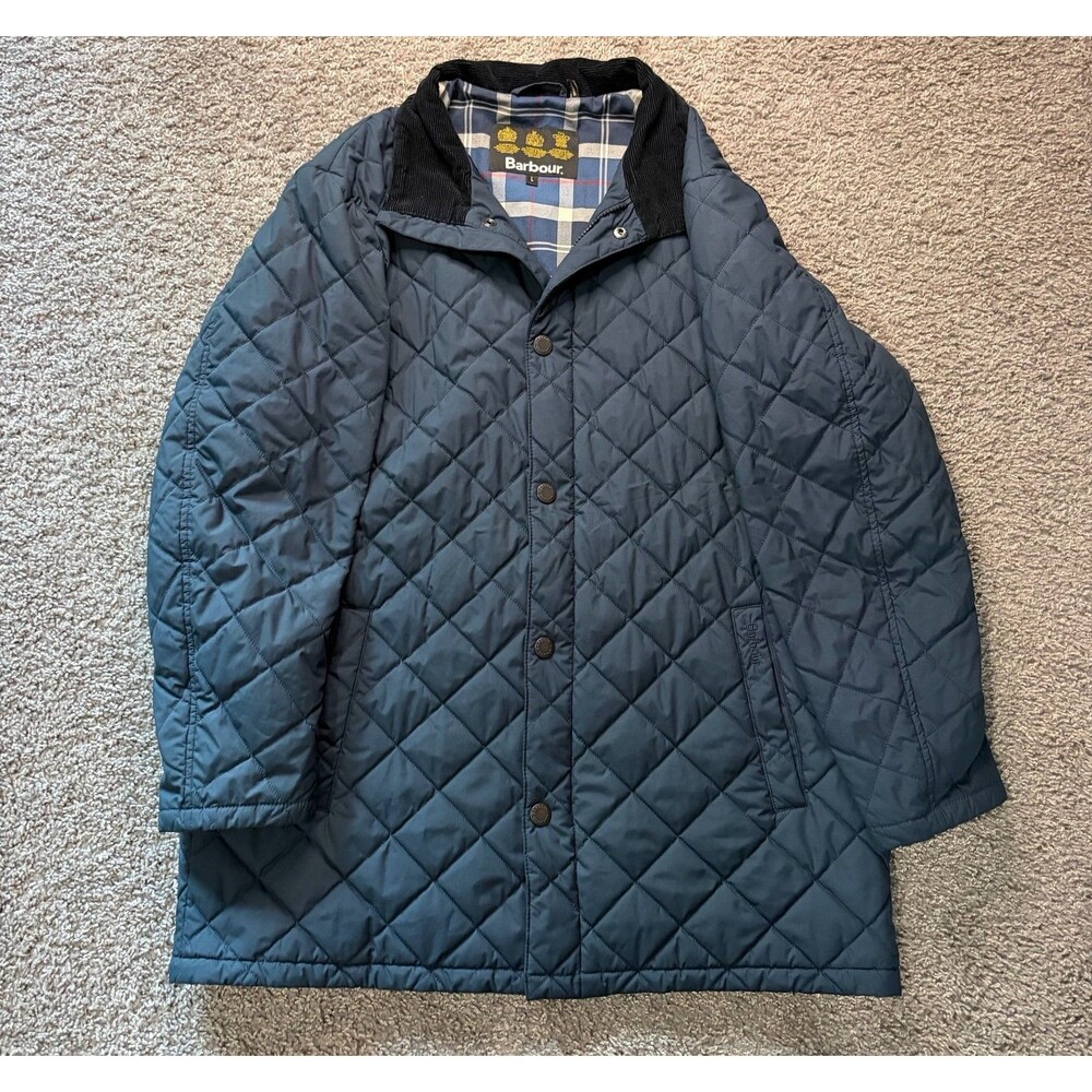 Barbour Fortis Quilted Jacket Tartan Navy Blue Puffer Zip Snap Button Mens Large